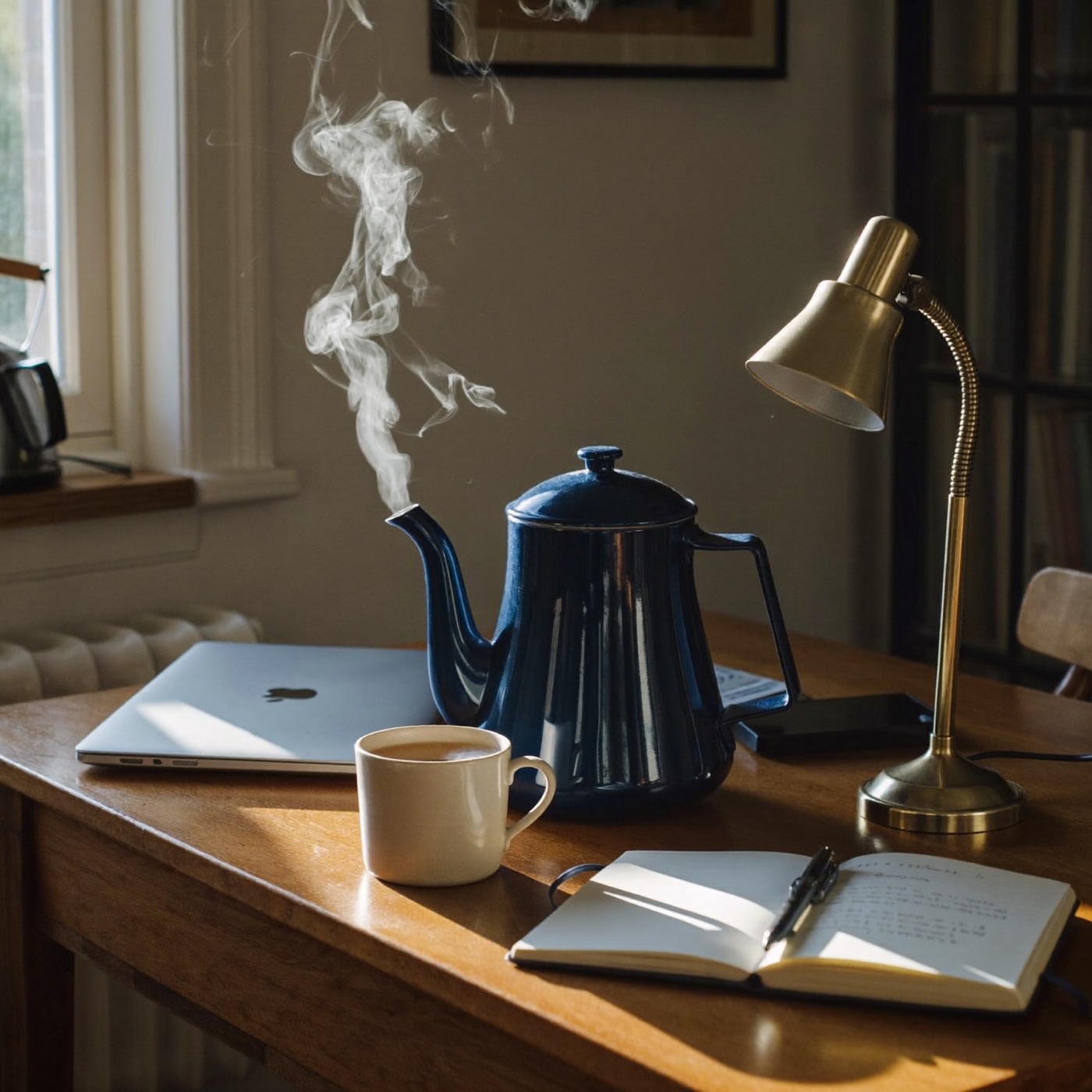 A navy kettle steaming beside a mug of tea, a laptop and a notebook on a sunlit kitchen table